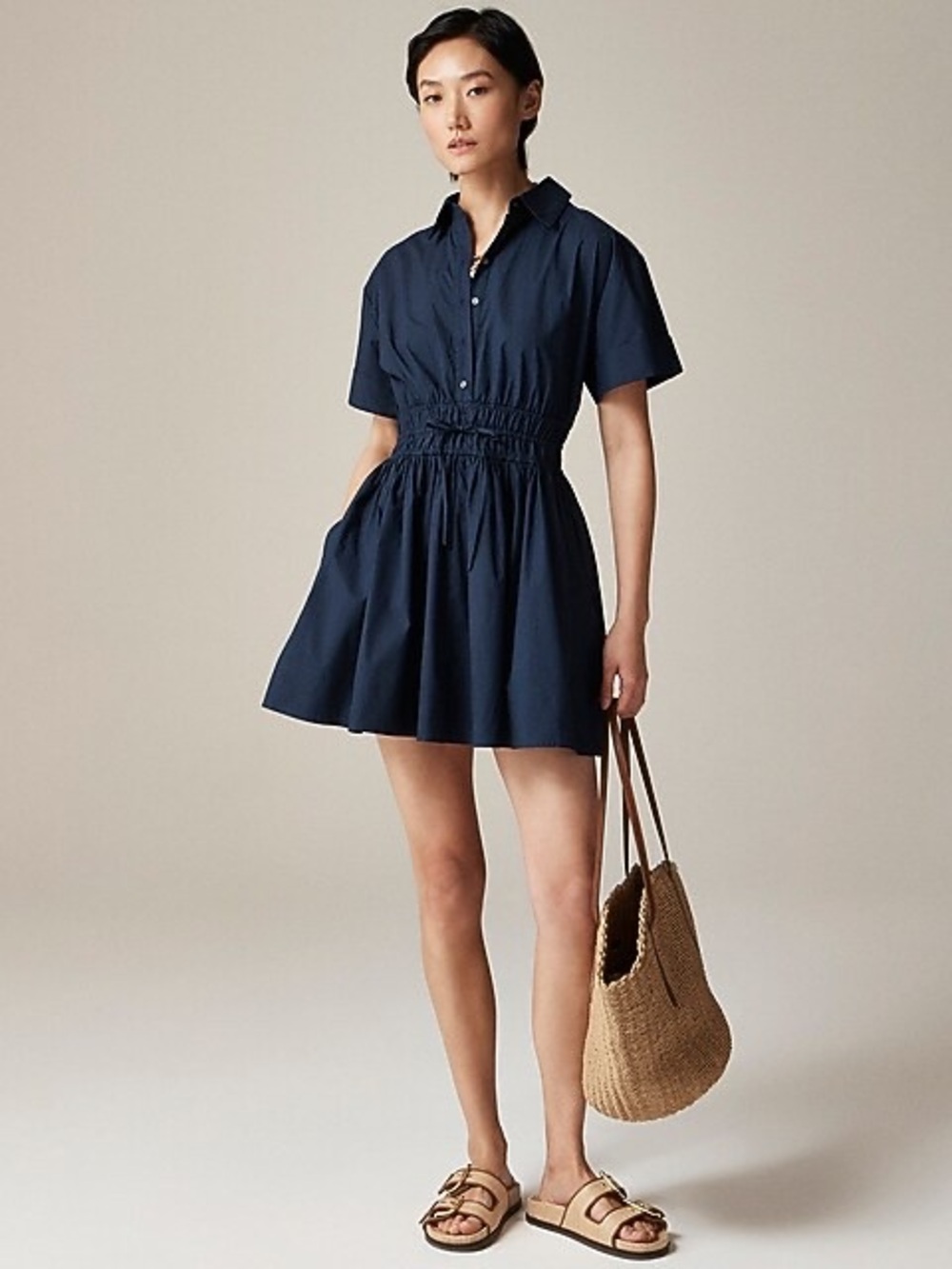 J.Crew Elena Navy Short-Sleeve Shirt Dress with Smocked Waist